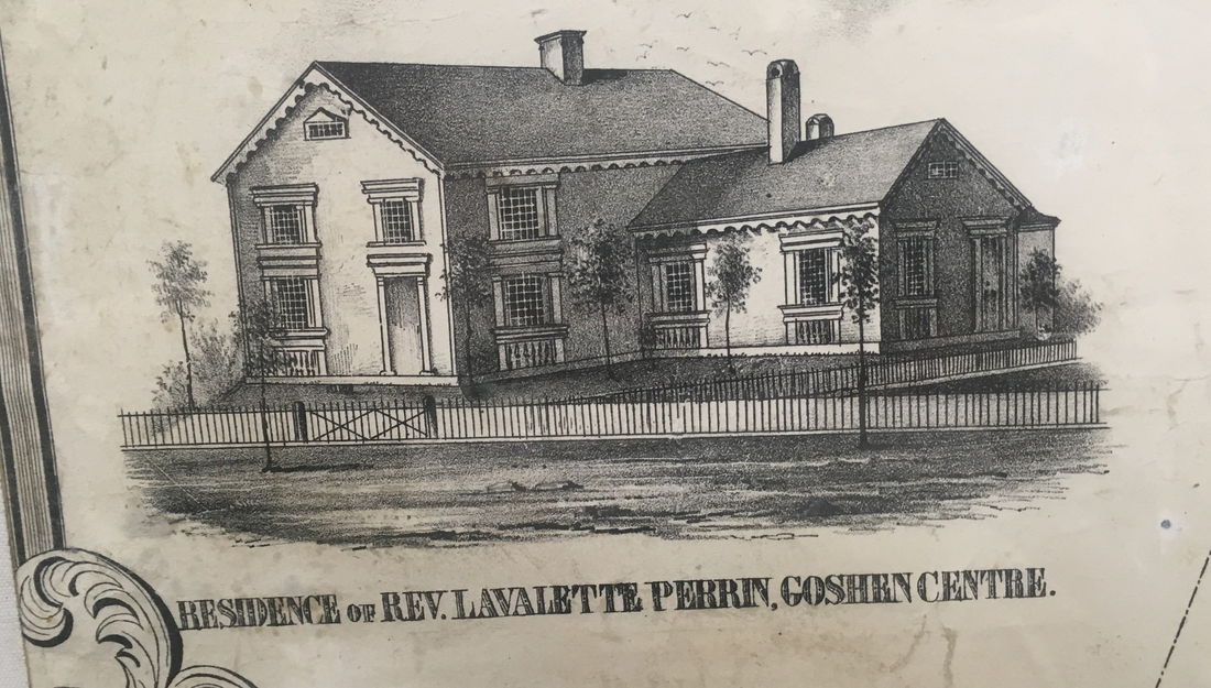 An 1840s lithograph of the Residence of Rev. Lavalette Perrin, Goshen Centre